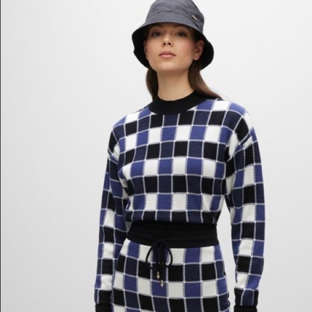 BNWOT BOSS REGULAR-FIT SWEATER WITH CHECK PATTERN AND SOLID RIBBING
